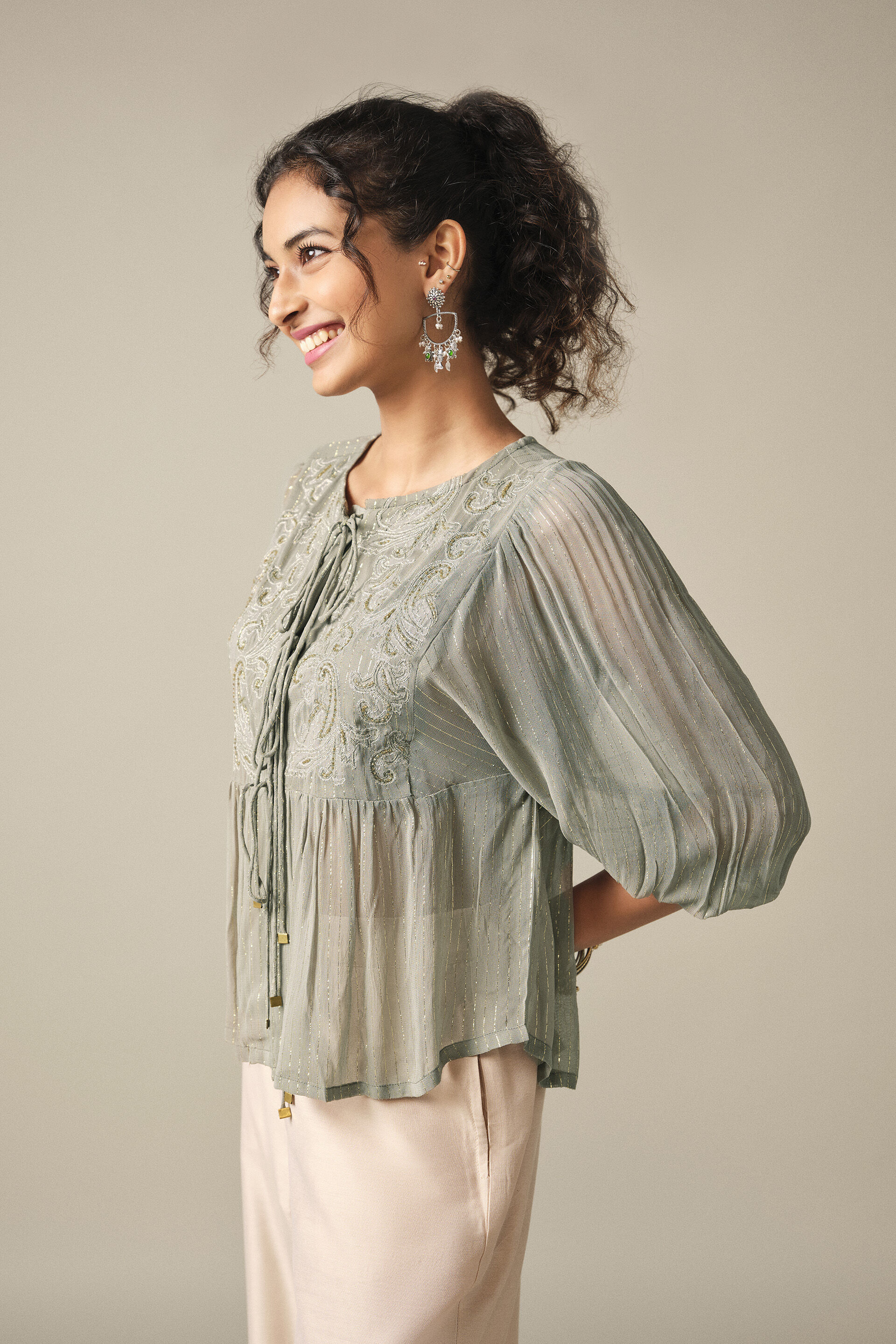 Tie-up Embroidered Peasant Top in Grey, Grey, image 4